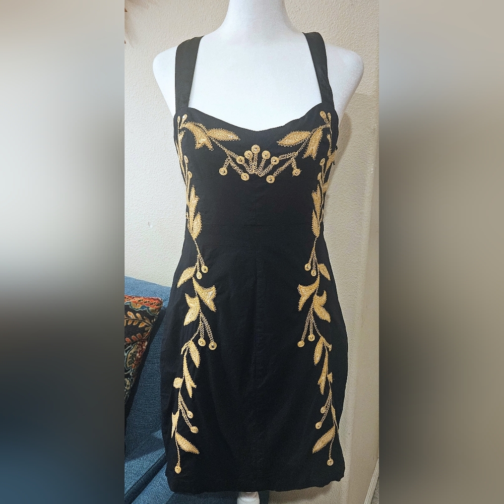 EUC Free People Gold Leaf Motif LBD Embroidered - Picture 2 of 10